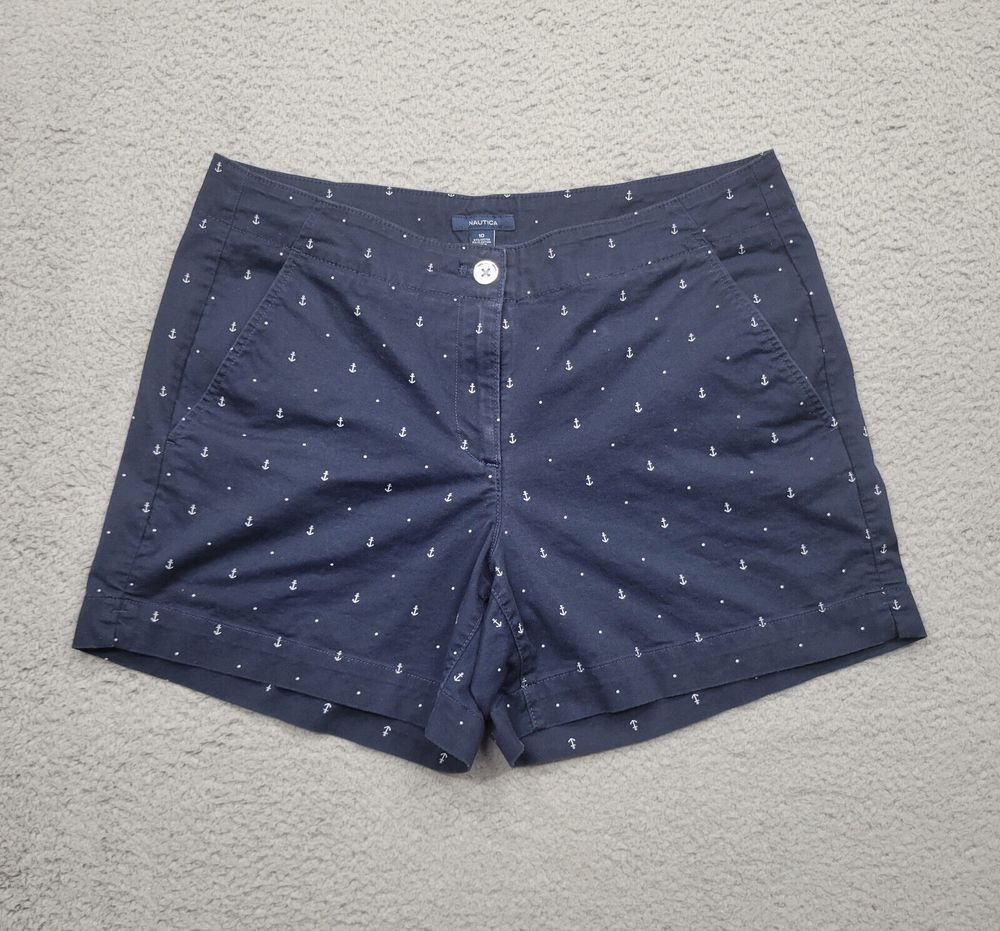 Nautica Shorts Womens 10 Blue White Anchors Chino 33x5*